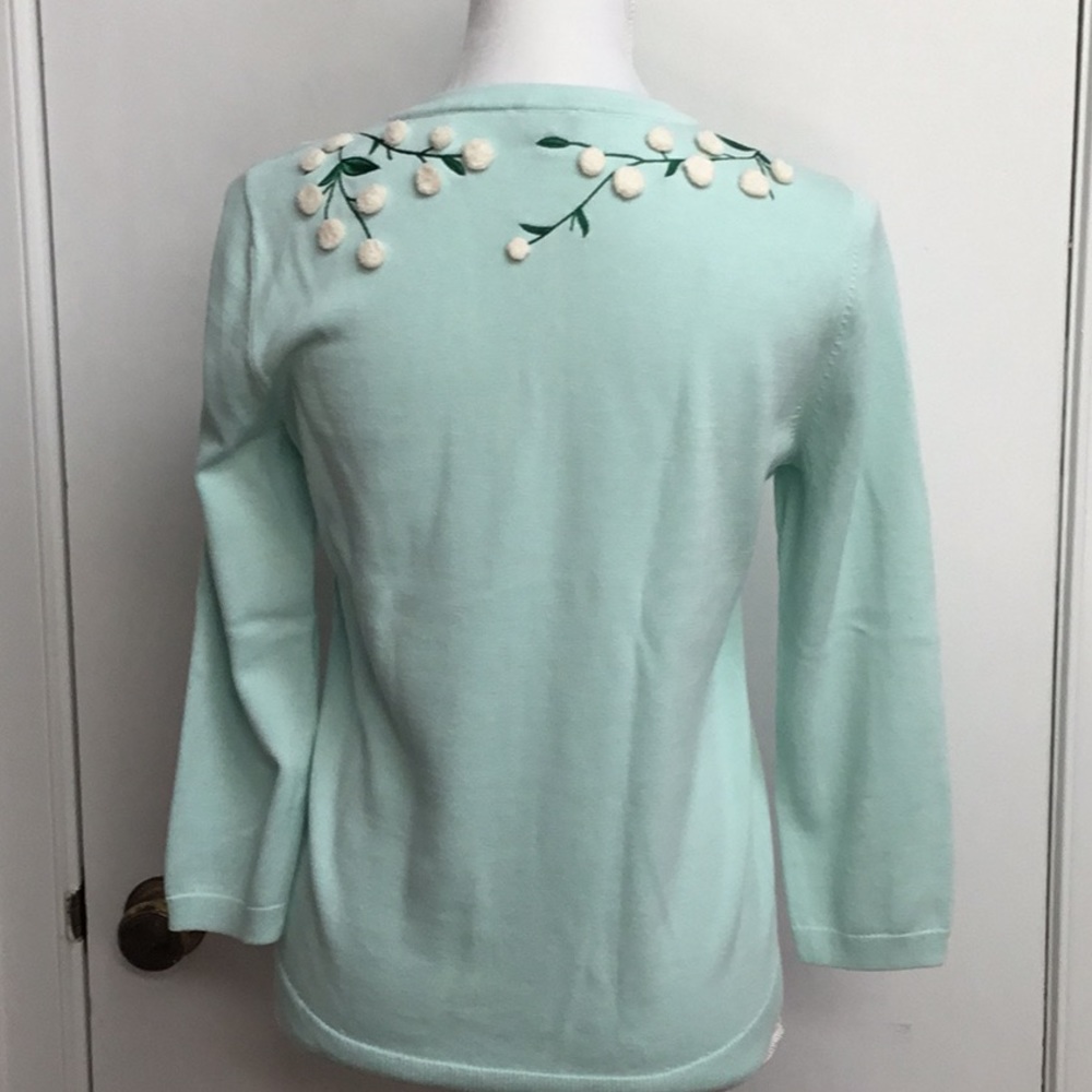 Talbots Mint Green Embroidered Pom-Pom Button Front Cardigan - Picture 4 of 7